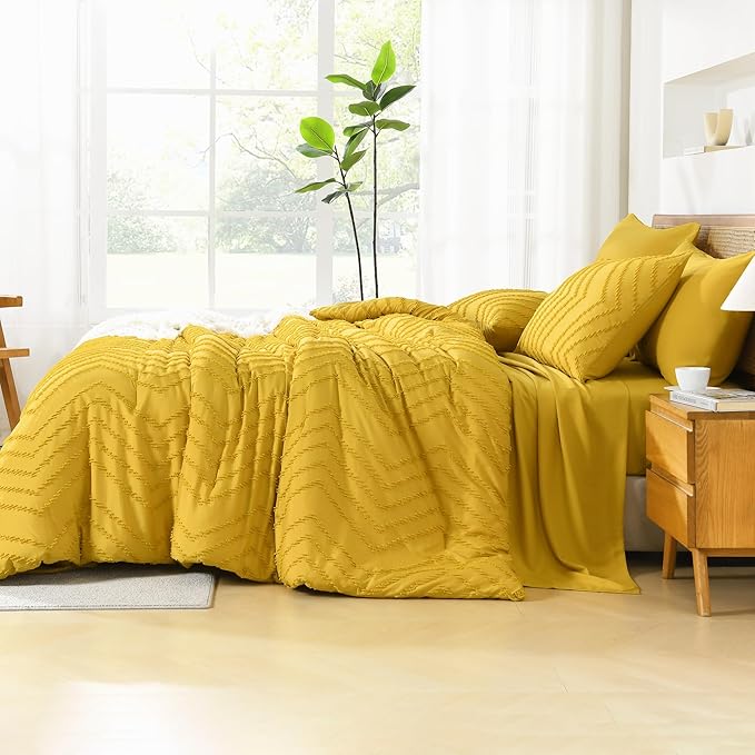 Litanika Queen Size Comforter Set with Sheets Mustard Yellow - 7 Pieces Bed in a Bag Queen Chevron Tufted Complete Bedding Sets with Comforter, Sheets, Pillowcases & Shams