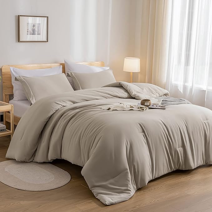 weigelia Queen Comforter Set 7 Pieces Oatmeal Comforters Queen Size Soft Fluffy Bedding Comforter Set with Fitted Sheets, Flat Sheets, Pillow Shams, and Pillowcases