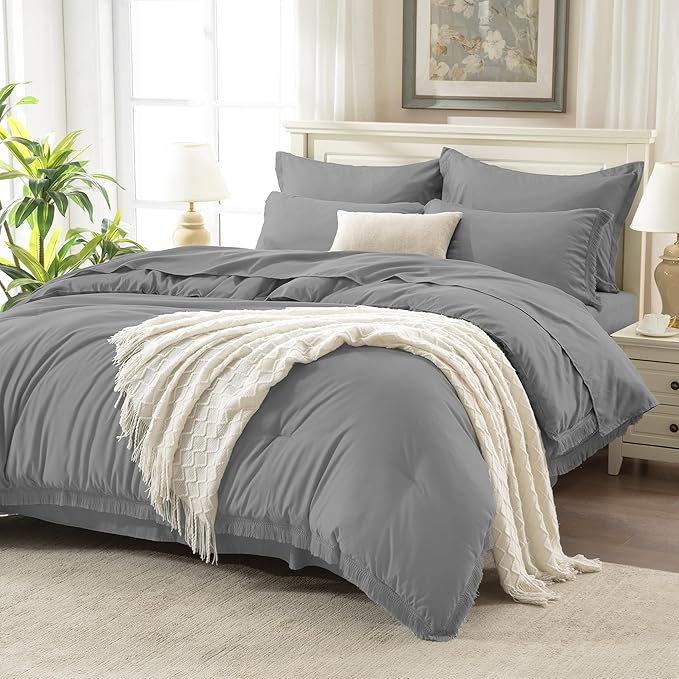 Andency Full Size Comforter Set Medium Grey -7 Pieces Boho Tassel Bed in a Bag Soft Lightweight Bedding Sets, Fringe All Season Bed Set with Comforter, Sheets, Pillowcases & Shams
