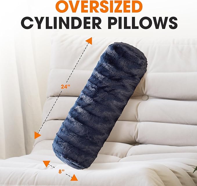 Cheer Collection Faux Fur Bolster Pillows – Soft Decorative Cylinder Pillows for Bed or Couch, Machine Washable – 8” x 24”, Set of 2, Blue