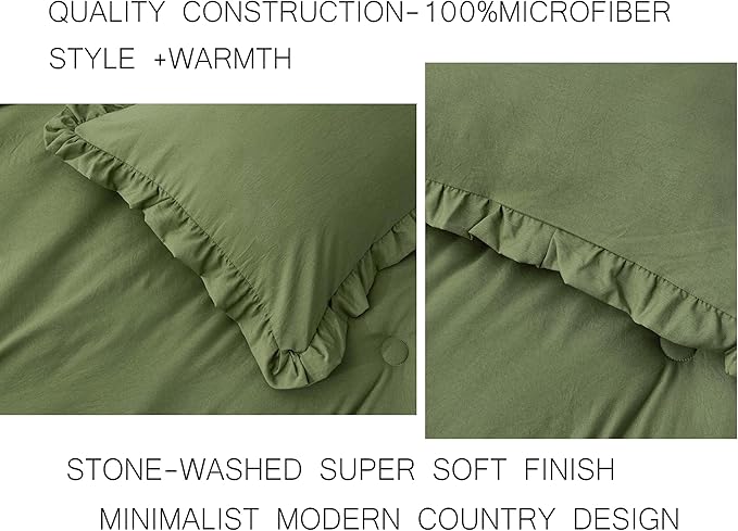 Chezmoi Collection Nora Olive Green Comforter Set King Size 3-Piece Fluffy Soft Stone-Washed Ruffled Shabby Chic Bedding for All Season