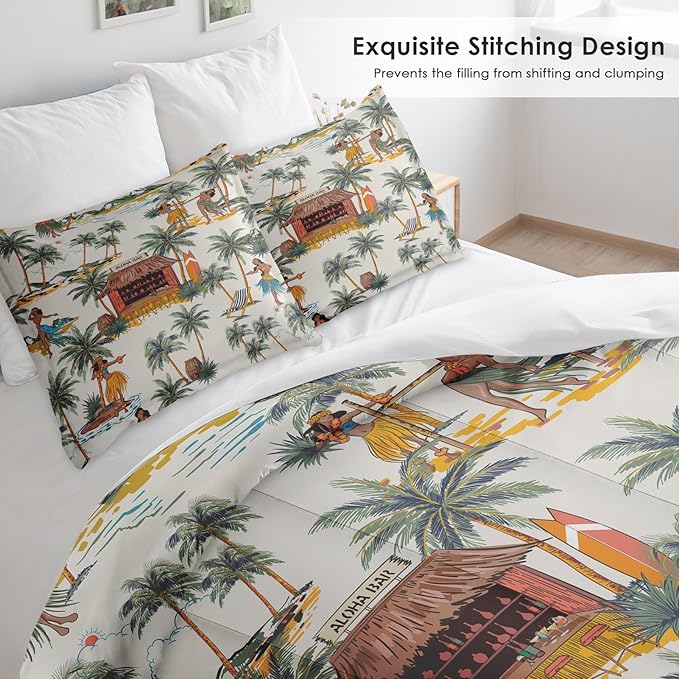Comforter Set Twin Size, Summer Tropical Hawaii Soft 2 Pcs Bedding for Kids and Adults, Beach Hawaiian Palm Tree Leaf Comforter Set with Pillowcase, for Bedroom Bed Decor