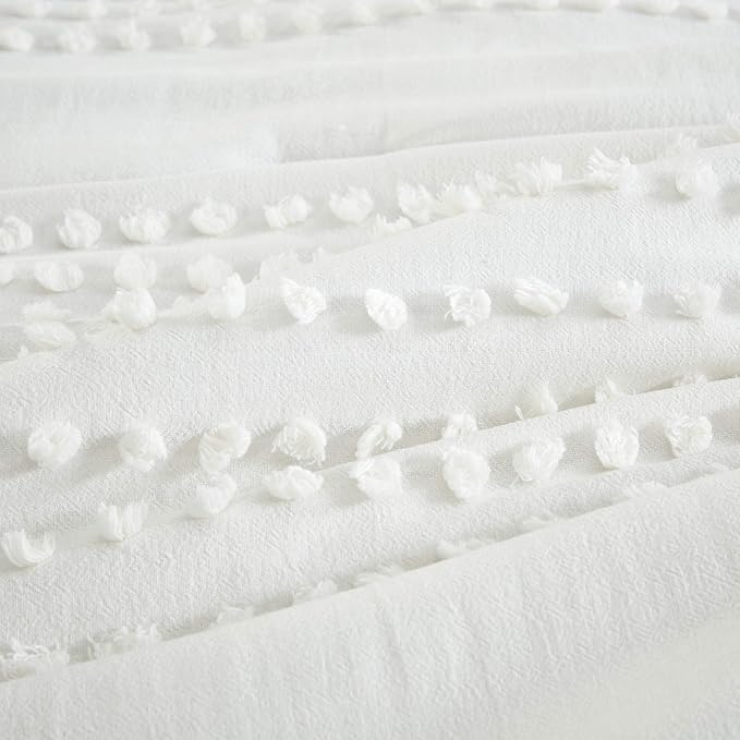 Comfort Spaces Cotton Comforter Set Jacquard Pom-Pom Tufts Design, Down Alternative, All Season Modern Bedding, Matching Shams, Twin/Twin XL, Phillips, Ivory