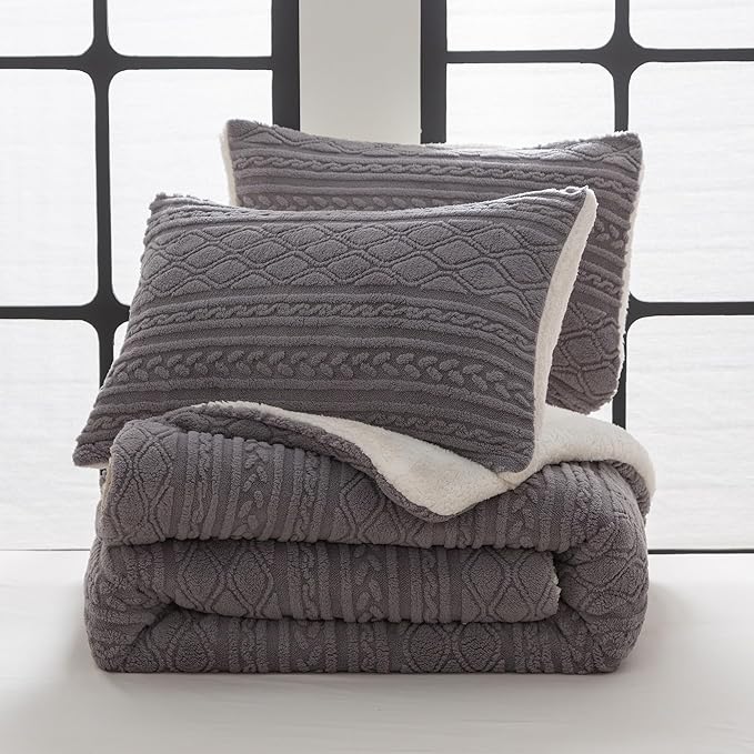 COTTEBED Reversible Sherpa Fluffy Comforter Queen Set, Boho Tufted Bedding Down Blanket Comforter Set, Ultra-Soft Washed Cotton Shabby Plush Fleece Sherpa Thick Warm for Winter Autumn, Grey Full Queen