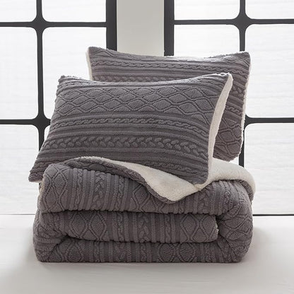 COTTEBED Sherpa Fluffy Comforter Sets King Size, Boho Tufted Bedding Down Blanket Comforter, Super Soft Polycotton Shabby Plush Fleece Sherpa Warm Medium Weight All Season Winter, Gray King/Cal King