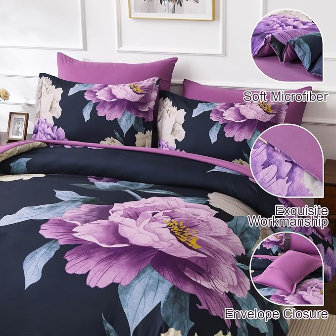 Dobuyly Dark Purple Comforter Set Queen 7 Piece Bed in a Bag, Elegant Floral Comforter Set with Sheets, Soft Microfiber Botanical Flower Bedding Set for All Season