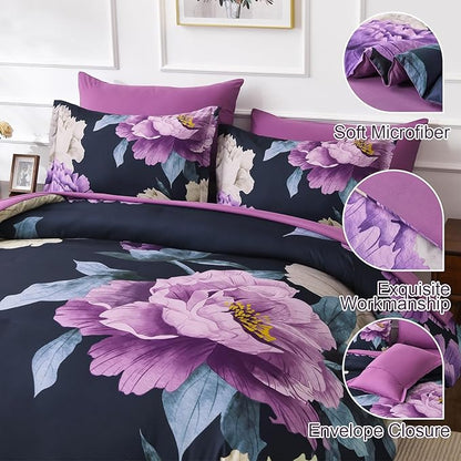 Dobuyly King Size Comforter Set Dark Purple 7 Piece Bed in a Bag, Elegant Floral Comforter Set with Sheets, Soft Microfiber Botanical Flower Bedding Set for All Season