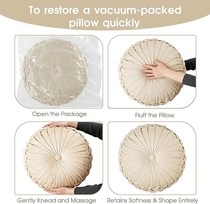 ROSE&RISY Round Pleated Velvet Throw Pillows, 2 Pcs Decorative Accent Pumpkin Pillow Cushion for Couch Sofa Chair Bed Car Home Decor (14.5 Inch, Cream)