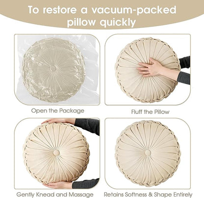 ROSE&RISY Round Pleated Velvet Throw Pillows, 2 Pcs Decorative Accent Pumpkin Pillow Cushion for Couch Sofa Chair Bed Car Home Decor (14.5 Inch, Cream)