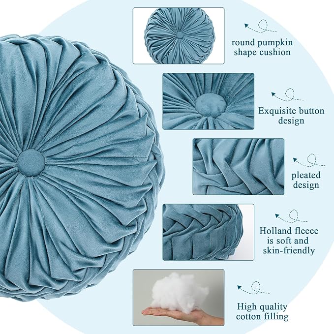 1 Pcs Round Throw Pillows Decorative Velvet Pleated Throw Pillows 15'' Diameter Accent Pumpkin Boho Chair Cushion for Couch Sofa Chair Bed Home Decoration (Dusty Blue)