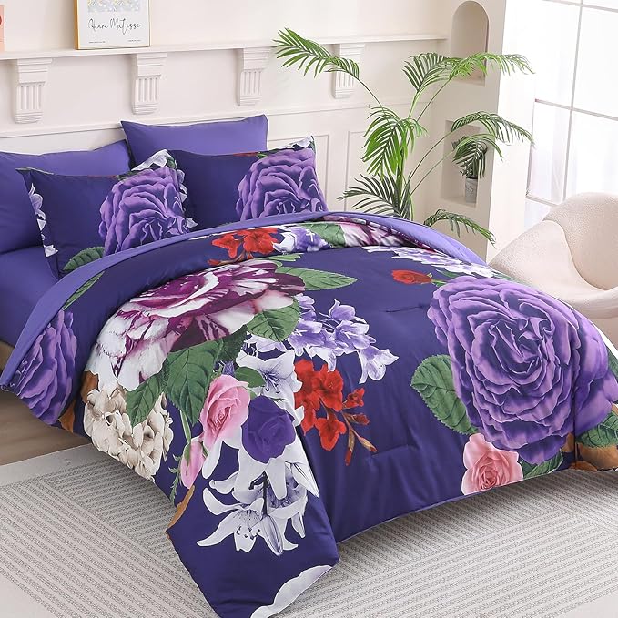 Drucon Dark Purple Floral Comforter Queen Size 7 Pieces Bedding Sets Queen Bed in a Bag, Botanical Floral Comforter with Sheet Set, Soft Microfiber Bedding Set for All Season(Dark Purple, 90"x90")