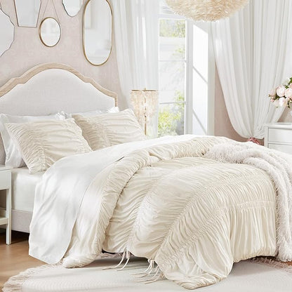 Intelligent Design Ruched Shabby Chic Comforters for Queen Size Bed, All Season Lightweight Comforter Queen, French Country Bedding Set, Sham, Ella, Full/Queen, Ivory, 3 Piece