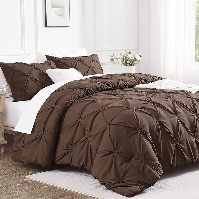 Andency Brown Pinch Pleat Comforter Full(79x90Inch), 3 Pieces(1 Down Alternative Comforter and 2 Pillowcases) Brown Bed Set Microfiber Pintuck Bedding Set