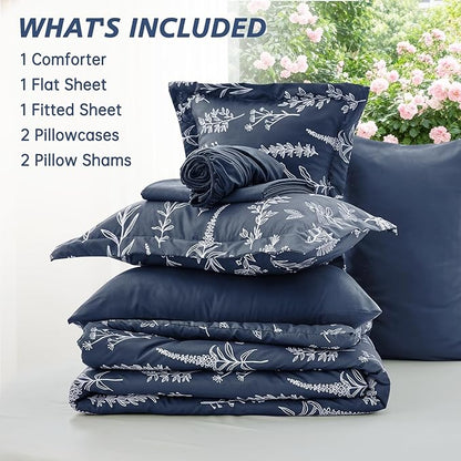 MUXHOMO Navy Blue Full Comforter Set, Elegant Floral Print Bed in a Bag 7 Pieces, Ultra Soft & Breathable Reversible Botanical Pattern Bedding Set with Comforter, Sheets, Pillowcases, and Shams