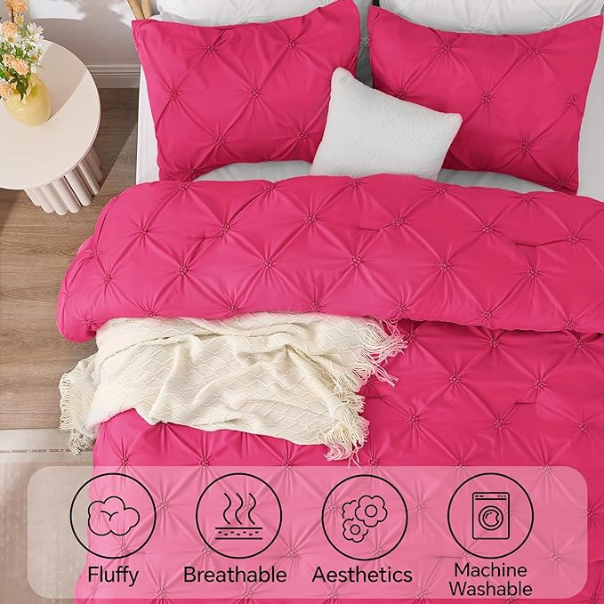 BEDELITE Hot Pink Twin Comforter Set - 2 Peices Boho Pintuck Bedding Comforter Sets, Lightweight Soft & Warm Twin Bedding Sets with 1 Pillowcase for All Season