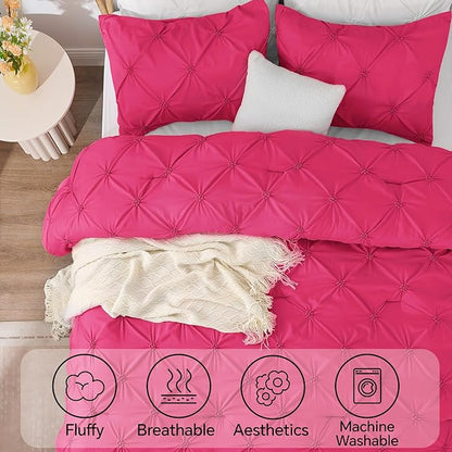 BEDELITE Hot Pink Queen Comforter Set - 3 Pieces Boho Pintuck Bedding Comforter Sets, Lightweight Soft & Warm Bed Comforter Queen with 2 Pillowcases for All Season
