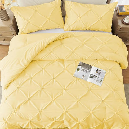 UNIKOME King Size Comforter Set Yellow - Ultra Soft Boho Pintuck Down Alternative Bedding Set for All Seasons, 3 Pieces Lightweight Warm Pinch Pleat Bed Set with Comforter, 2 Pillowcases