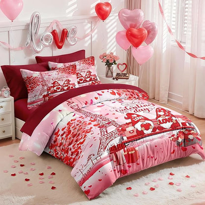 Nesker 7 Pcs Valentine's Day Comforter Set Queen Size, Romantic Love Gnomes Bedding Set for Kids and Adults, Cute Sweet Heart Sheets Bed Sheet Sets with Fitted Sheet 2 Pillowcases & 2 Shams