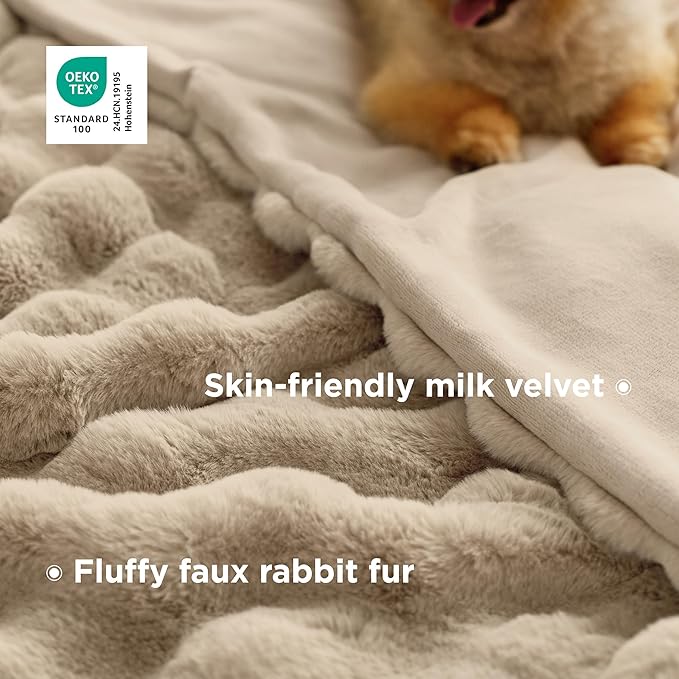 Bedsure GentleSoft Fluffy Fuzzy Beige Throw Blanket for Bed, Soft Cozy Fleece Faux Fur Blanket for Couch, Beige Room Decor Minky Velvet Bedding Sofa Cover, Thick Warm Plush Women Girls Birthday Gifts