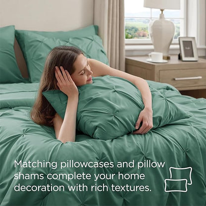 Bedsure Queen Comforter Set Graysih Green - Bed in a Bag Queen Size Bedding 7 Pieces, GentleSoft™ Pintuck Bed Set Gift for Family, Pinch Pleat All Season Comforter with Sheets, Pillowcases & Shams