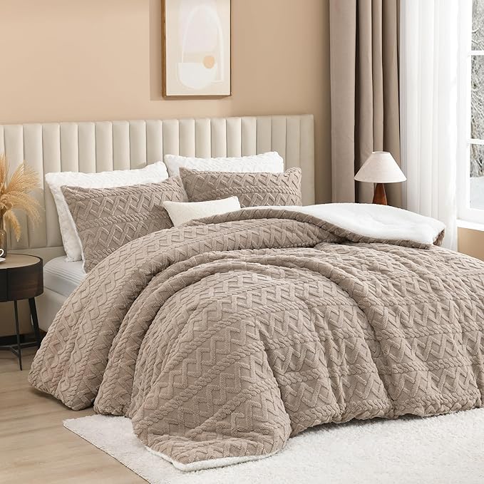 Andency Fluffy Sherpa Full Comforter Set, Super Soft Khaki Fleece Warm Bedding for Winter, Luxury Jacquard Boho Thick Fuzzy Plush Bed Set 3 Pieces(1 Shaggy Comforter, 2 Pillowcases)
