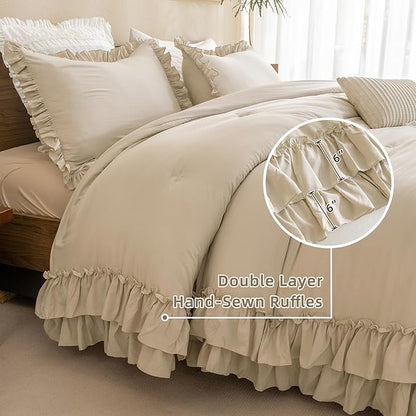 QSH Shabby Ruffled Comforter Queen Size, Farmhouse Wheat Bedding Comforter Set, 3 Pieces Lightweight Vintage Rustic Soft Comforter Queen for Bed, All Season Microfiber Fully Bedding Sets