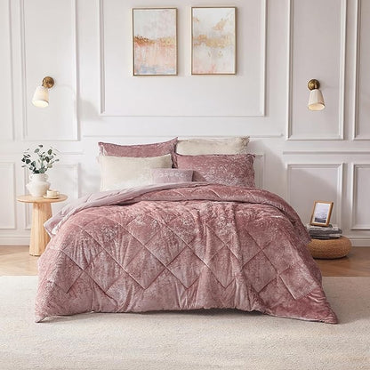 Intelligent Design Felicia Luxe Comforter Velvet Lush Double Sided Diamond Quilting, Modern All Season Bedding Set with Matching Sham, Decorative Pillow, Full/Queen(90"x90"), Blush 4 Piece