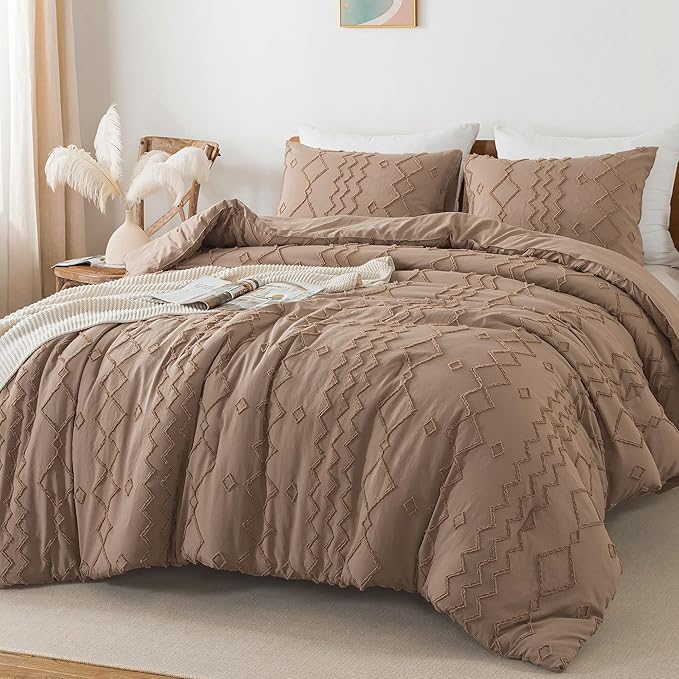 Andency Taupe Tufted Comforter Set King(104x90Inch), 3 Pieces(1 Boho Comforter, 2 Pillowcases) Textured Farmhouse Bed, Soft Microfiber Down Alternative Geometric Bedding Set