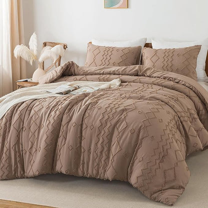 Andency Taupe Tufted Comforter Set King(104x90Inch), 3 Pieces(1 Boho Comforter, 2 Pillowcases) Textured Farmhouse Bed, Soft Microfiber Down Alternative Geometric Bedding Set