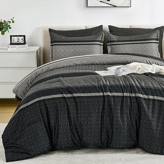 WONGS BEDDING 7 Pieces Comforter Set King Size, Dark Grey Black Striped Bed in a Bag Comforter and Sheet Set, Minimalist Geometric Soft Lightweight Micorfiber Bedding Set for All Season (90"×104")