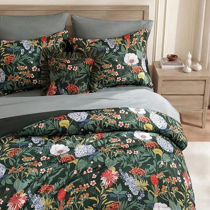 CASAAGUSTO Queen Comforter Set-7 Pieces Green Botanical Floral Bedding, Flowers Printed Design Queen Bed in a Bag with Botanical Flowers Comforter, Sheets, Pillowcases & Shams
