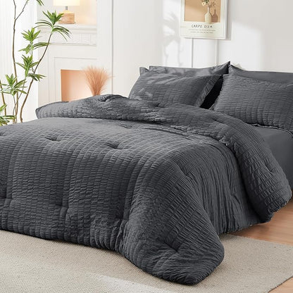 HYMOKEGE Twin Comforter Set Seersucker 5 Pieces, All Season Luxury Bed in a Bag for Bedroom, Bedding Set with Comforters, Sheets, Pillowcase & Sham, Dark Grey
