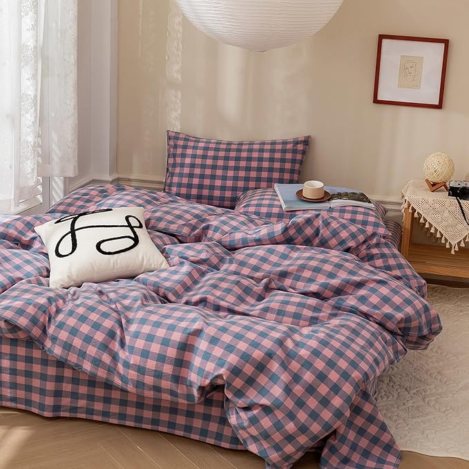 HighBuy Purple Gingham Comforter Set Twin XL,Vintage Boho Gingham Comforter with 2 Pillowcases,Farmhouse Bedding Set Fluffy Checkered 3 Pieces with Geometric Plaid Grid Pattern