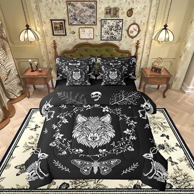 Castle Fairy Wild Wolf Comforter Set Full Size,Gothic Moth Animals Skeleton Bedding Set,Weed Floral Black White Bed Set 7 Pieces(Comforter+Fitted+Flat Sheet+Pillowcase+Pillow Cover)