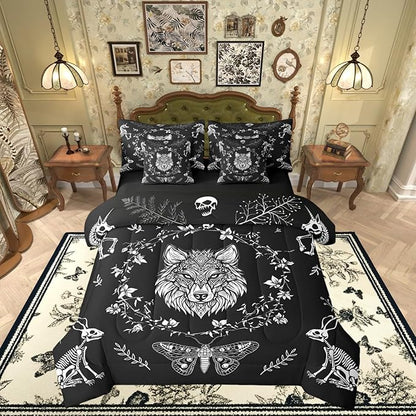 Castle Fairy Wild Wolf Comforter Set Full Size,Gothic Moth Animals Skeleton Bedding Set,Weed Floral Black White Bed Set 7 Pieces(Comforter+Fitted+Flat Sheet+Pillowcase+Pillow Cover)