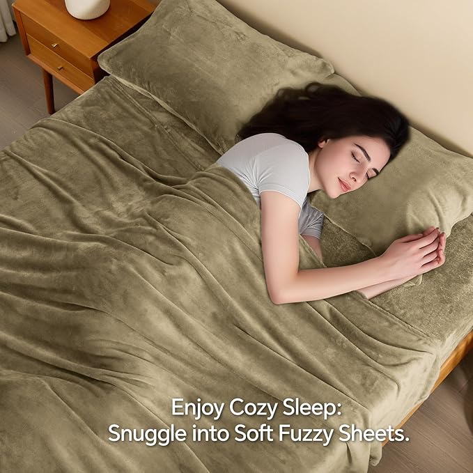BEDELITE Flannel Sheets King Size Camel - Super Soft Fleece Sheets Set Fluffy Extra Plush, 4 Piece(Include Fitted Sheet, Flat Sheet, 2 Pillowcases)