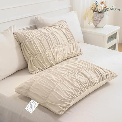 Masaca King Size Comforter Set(106"x95"),Wheat Ruched Bedding Comforter,Farmhouse Shabby Boho Chic Bedding 3 Pieces Lightweight Ruffle Textured Cal King Bed Comforter for All Season