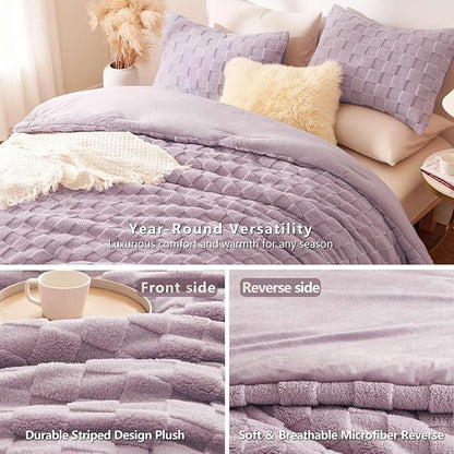CozyLux Fleece King Comforter Set Light Purple,Super Soft & Warm Fluffy Bedding with Checkered Pattern,Luxury Fuzzy Heavy Bed Set for Winter,3 Pieces,1 Comforter and 2 Pillowcases