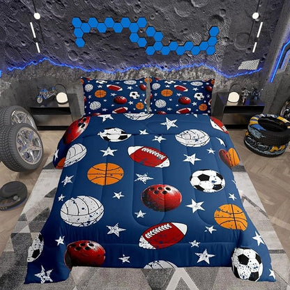 Feelyou Baseball Comforter Set Twin Size Football Comforter for Boys Girls Teens Basketball Bedding Set Rugby Sports Duvet Set Room Decor Dark Blue Mixed Ball Quilt Set