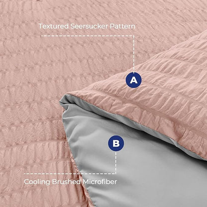 HYMOKEGE Rose Gold/Light Grey California King Comforter Set Seersucker 7 Pieces, All Season Luxury Bed in a Bag for Bedroom, Bedding Set with Comforter, Sheets, Pillowcases & Shams