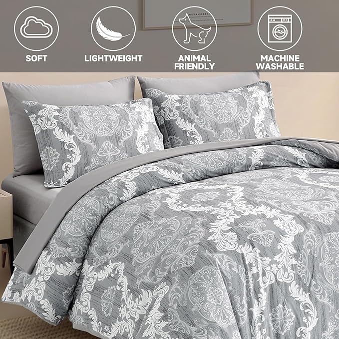 WONGS BEDDING Grey Comforter Set King Size, Damask Texture 7 Pieces Gray Bed in a Bag Microfiber Boho Comforter Bedding Sheet Set with Comforter, Flat Sheet, Fitted Sheet,Pillow Shams,Pillowcases