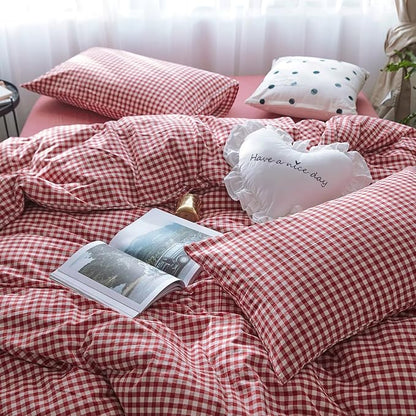 mixinni Red Gingham Comforter Set Twin XL, Plaid Comforter Set 3 Pieces 1 Red Grid Comfoter with 2 Pillow Cases for All Seasons, Soft Fluffy Modern Grid Pattern Printed Bedding-Twin XL Size