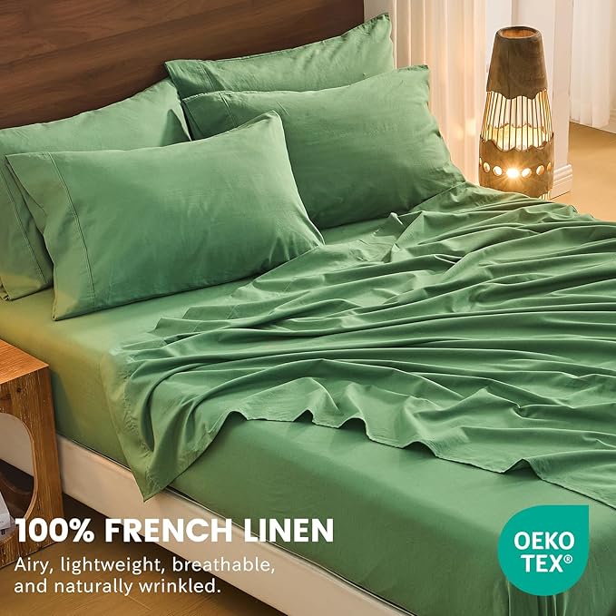 Bedlifes 100% French Flax Linen Sheets Set King Size - 6 Piece Extra Deep Pocket 18-24",Soft Breathable King Bed Sheets with Temperature Regulating & Moisture-Wicking(Sage Green