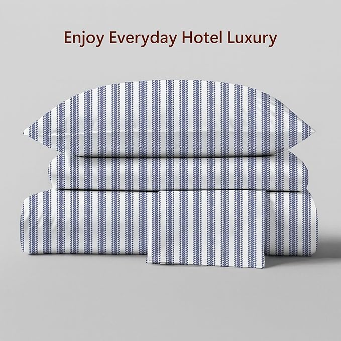Peru Pima 415 Thread Count Percal Twin Sheet Set - 100% Peruvian Pima Cotton, 3 Piece (Flat, Fitted, 1 Pillowcase) - Cooling, Crisp, Deep Pocket, Hotel Quality Bedding - Nautical Stripe Blue