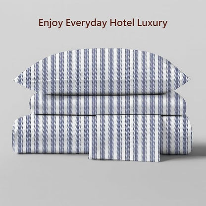 Peru Pima 415 Thread Count Percal Twin Sheet Set - 100% Peruvian Pima Cotton, 3 Piece (Flat, Fitted, 1 Pillowcase) - Cooling, Crisp, Deep Pocket, Hotel Quality Bedding - Nautical Stripe Blue