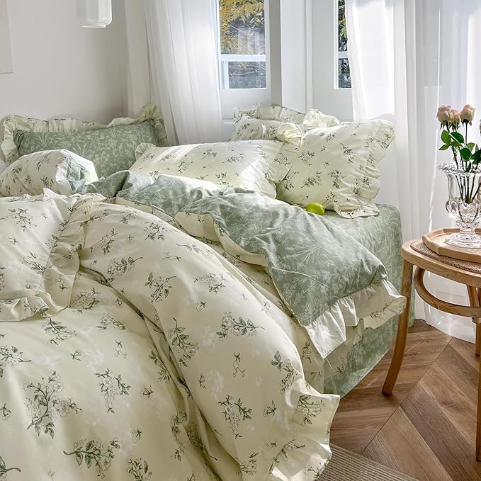 MKXI King Size Beige & Green Floral Comforter Set - 3 Piece Ruffled Lace Bedding Set with Reversible Design, Soft Aesthetic Cottagecore Style Green Leaf Comforter for Girls, Women, and Teens