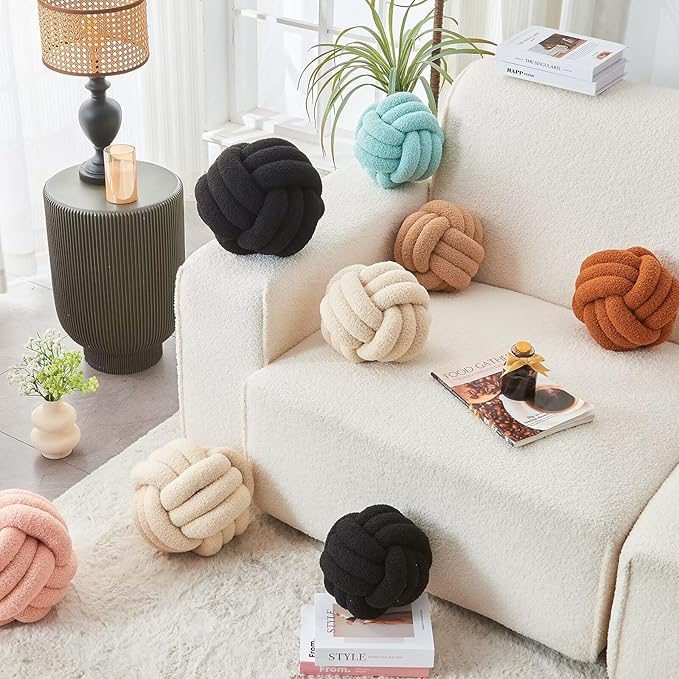 Decorative Throw Knot Pillow Ball for Home Chair Sofa Couch Bed Aesthetic Round Decor Pillows Lambswool Knotted Pillow Cushion (Beige, 8inches)