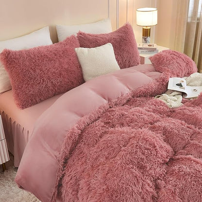 Andency Fluffy Old Pink Comforter Set Queen Size, 3 Pieces Winter Faux Fur Warm Soft Fuzzy Plush Bedding Comforter Set (1 Velvet Comforter & 2 Pillowcases), Thick Heavy Comfy Comforters Bedding Set