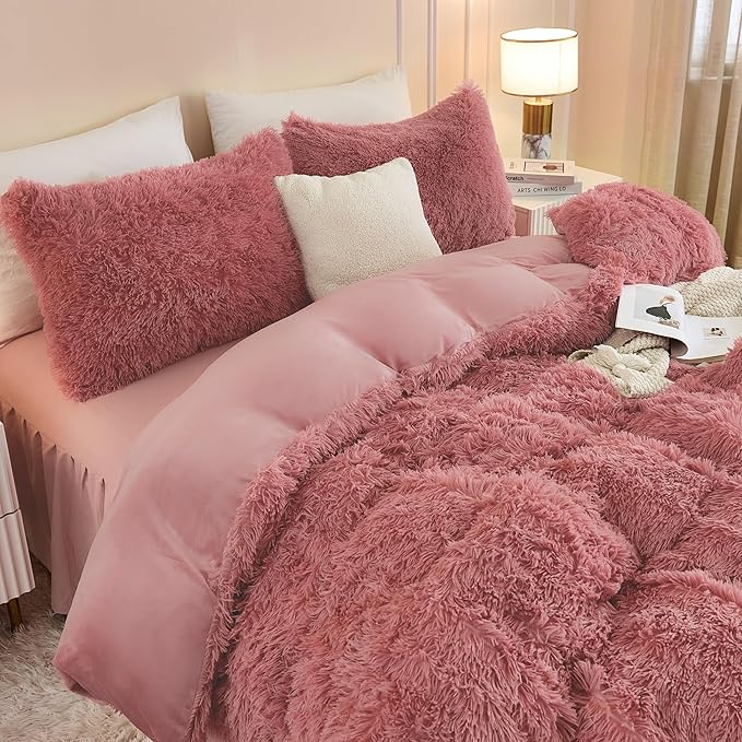 Andency Fluffy Old Pink Comforter Set King Size, 3 Pieces Winter Faux Fur Warm Soft Fuzzy Plush Bedding Comforter Set (1 Velvet Comforter & 2 Pillowcases), Thick Heavy Puffy Comforters Bedding Set