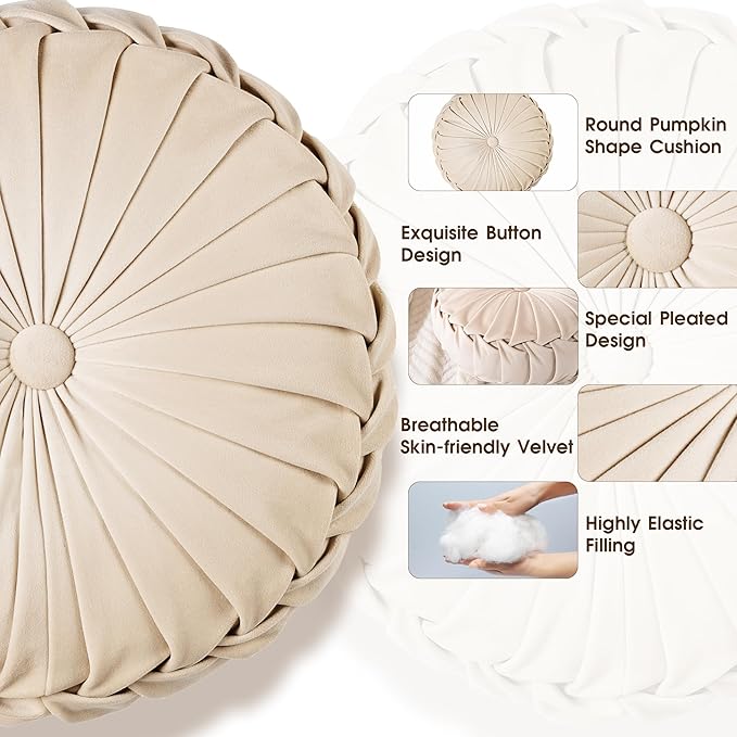 ROSE&RISY Round Pleated Hand-Stitched Velvet Throw Pillow, 1 Pcs Decorative Accent Pumpkin Pillow Cushion for Couch Sofa Chair Bed Car Home Decor (14.5 Inch, Cream)
